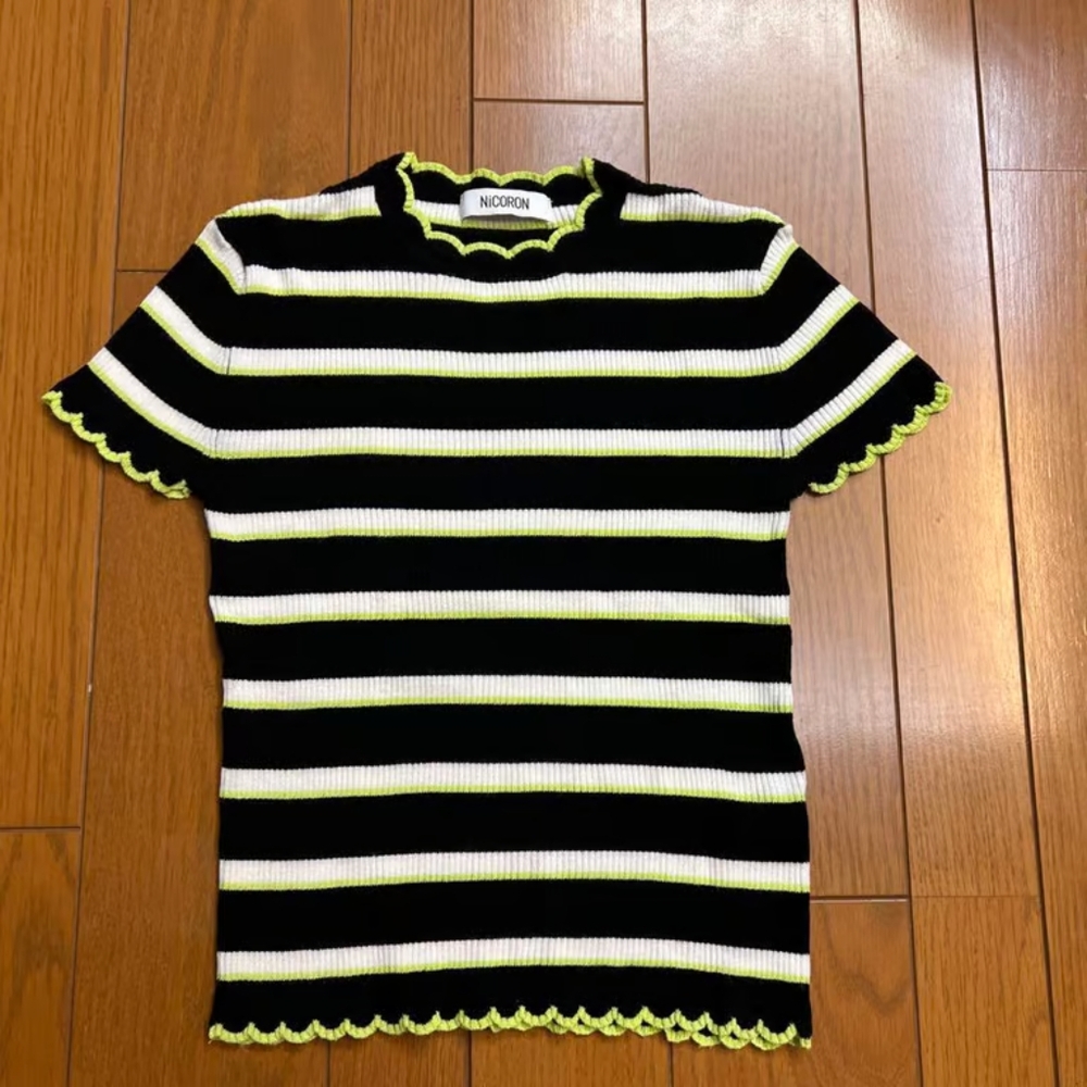 Black and White Striped Women's Tee with Yellow Accents